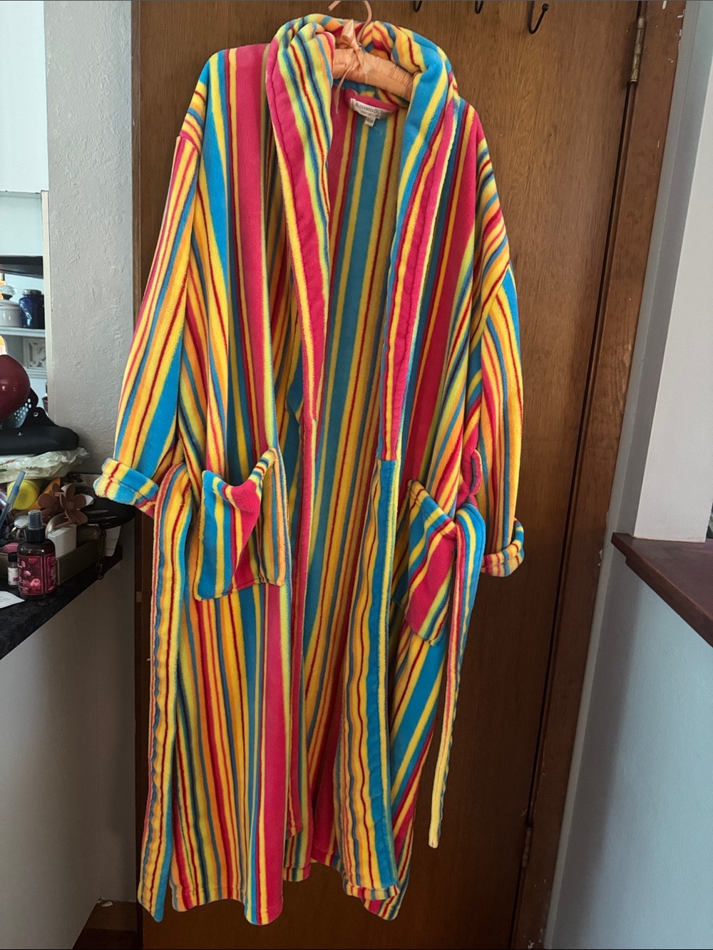 Striped Plush Robe in Yellow, Pink & Blue